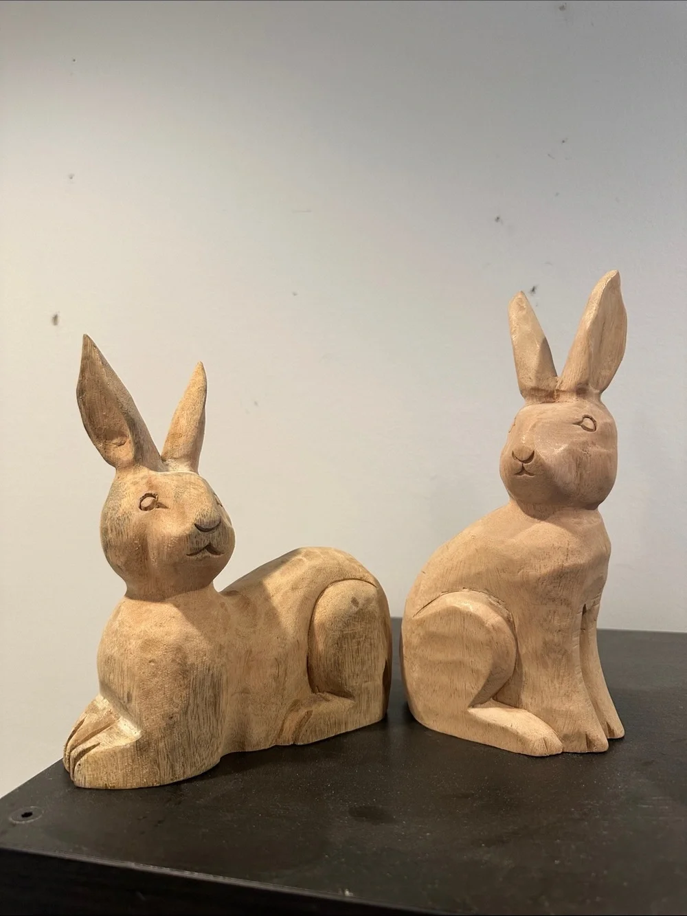 Two Hand-Carved Wood Bunny Figurine Set - Natural
